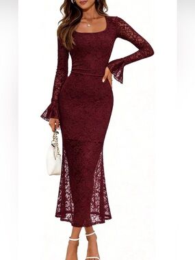 Elegant Burgundy Lace Long Sleeve Mermaid Dress